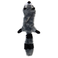 Discover the Hyper Pet Critter Skinz Raccoon Large Dog Toy by Hyperpet. It showcases a realistic raccoon design with a long gray body, black paws, and a distinctive black and white face mask. This stuffing-free toy ensures mess-free fun, and its striped bushy tail adds to its raccoon look.