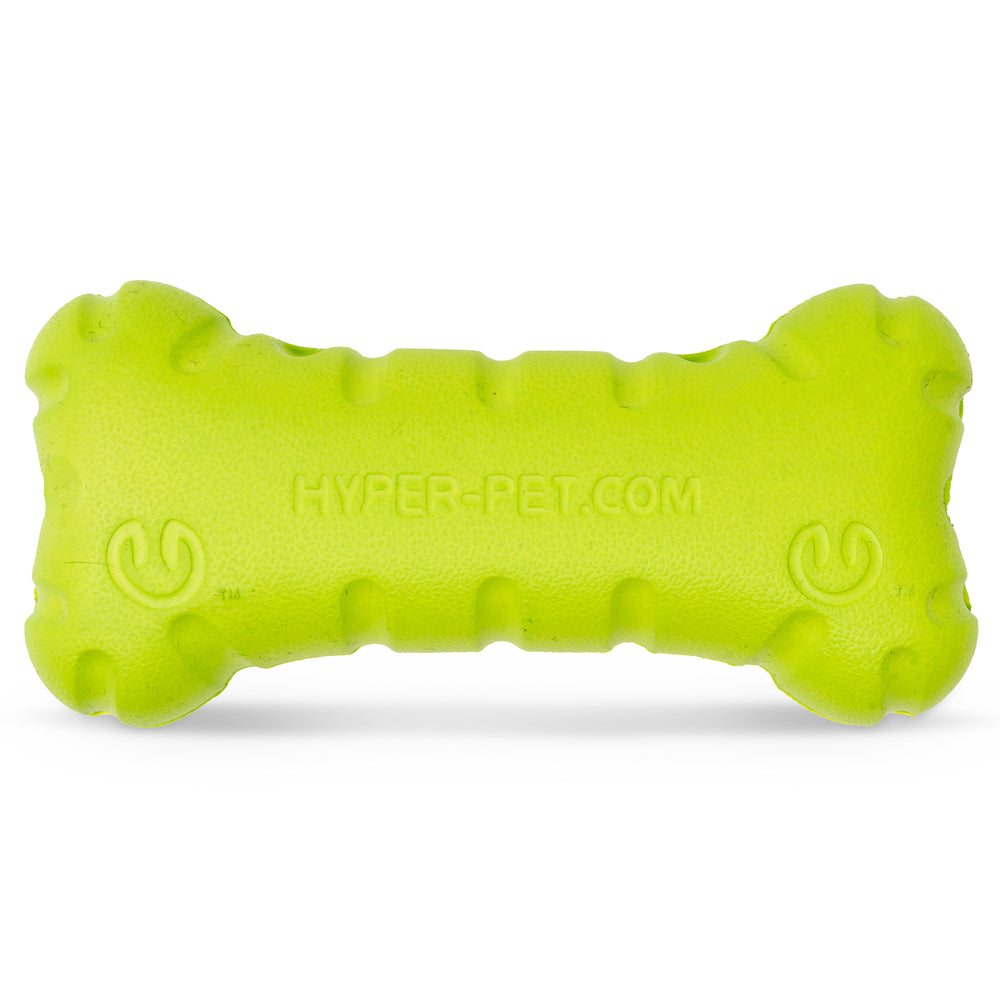 The Hyper Pet Chewz Bone Dog Toy by Hyperpet is a bright green, bone-shaped toy made from non-toxic materials. Designed for powerful chewers, it features textured edges, HYPER-PET.COM embossing, and small swirl designs at each end.