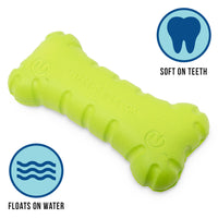 The Hyperpet Chewz Bone Dog Toy is lime green and bone-shaped, made from non-toxic materials with textured edges. Perfect for strong chewers, it features Soft on Teeth and Floats on Water icons.