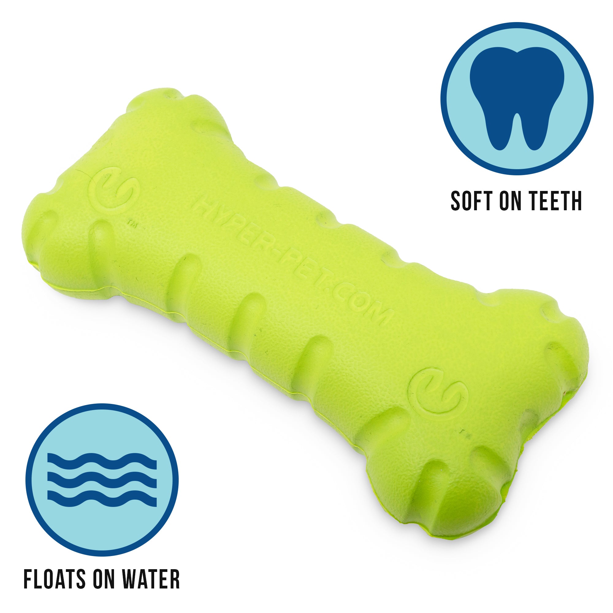 The Hyperpet Chewz Bone Dog Toy is lime green and bone-shaped, made from non-toxic materials with textured edges. Perfect for strong chewers, it features Soft on Teeth and Floats on Water icons.