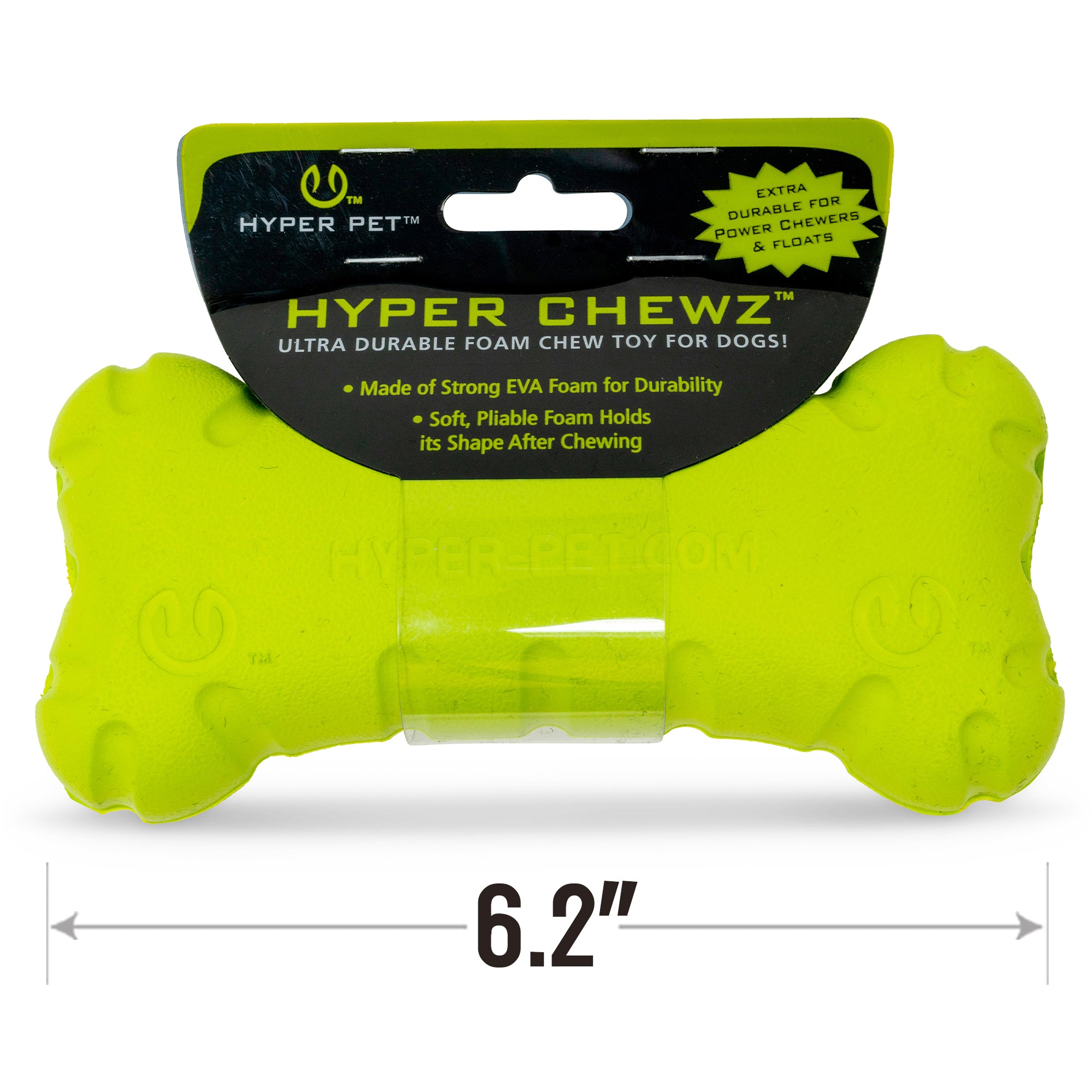 Introducing the Hyper Pet Chewz Bone Dog Toy by Hyperpet—a bright yellow, 6.2-inch bone-shaped toy made from non-toxic, durable EVA foam. Ideal for powerful chewers, it ensures durability and floatability for exciting playtime adventures.