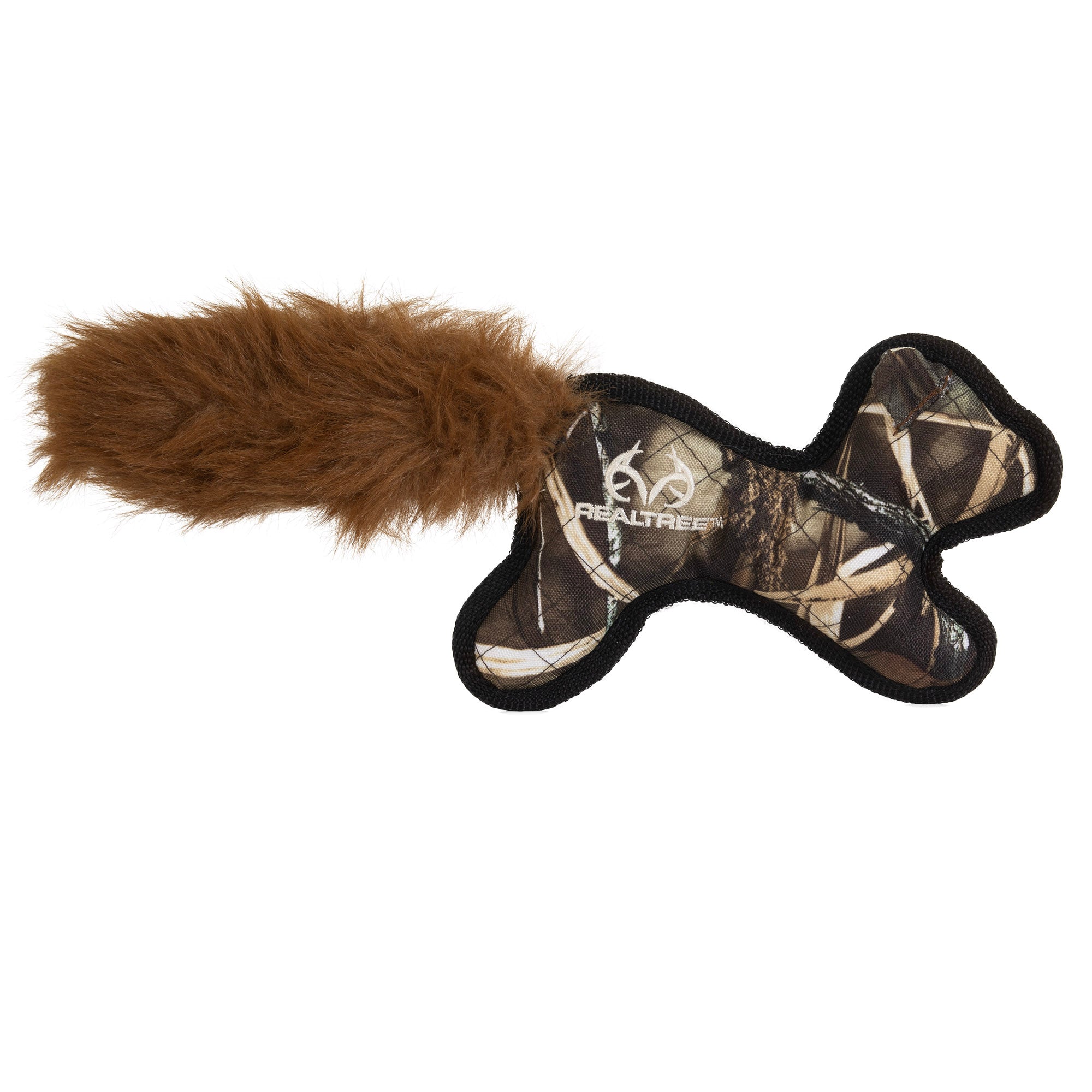 The Hyperpet RealTree Dog Toy is a durable, bone-shaped toy with a brown, furry tail and a camouflage pattern featuring REALTREE branding, perfect for stylish playtime adventures as part of the Hyper Pet RealTree Interactive Dog Toys collection.