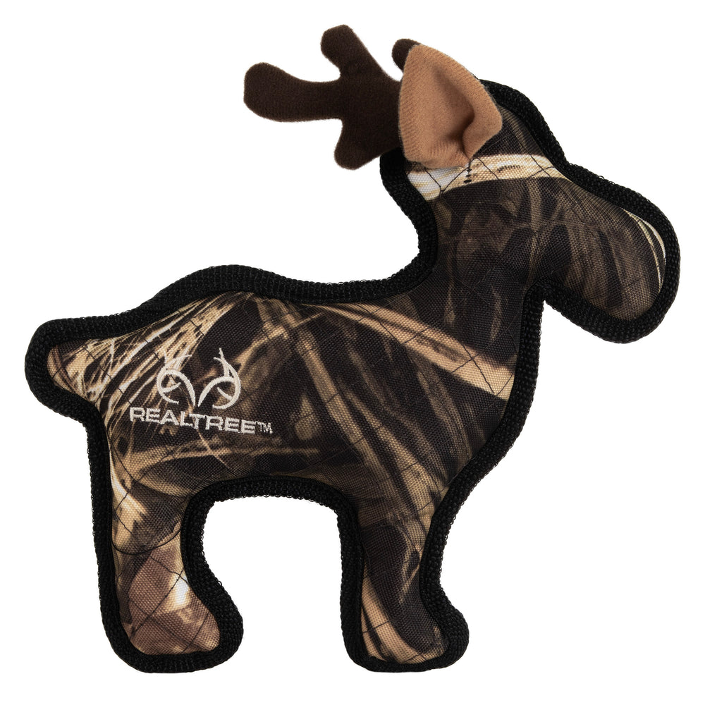 The Hyper Pet RealTree Dog Toy by Hyperpet features a plush reindeer with brown antlers, light camouflage pattern, and the Realtree logo, combining charm with the expected durability.