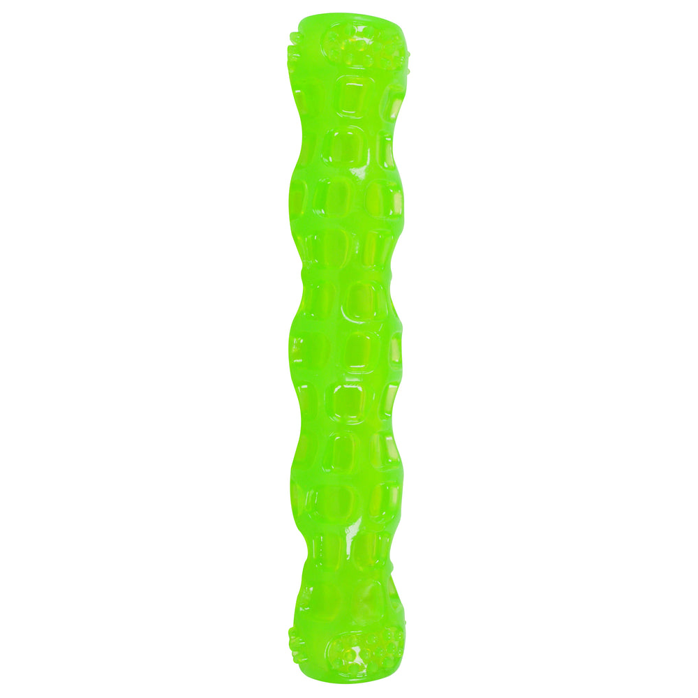 The Hyperpet Dura-Squeaks Stick Dog Toy is a bright green, elongated toy with a durable, textured surface and an engaging squeaker, perfect for endless playtime adventures with your furry friend.