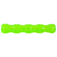 The Hyper Pet Dura-Squeaks Stick Dog Toy from Hyperpet is a bright lime green, textured toy shaped like a long bone with a squeaker. It features durable raised patterns for grip and stimulation.