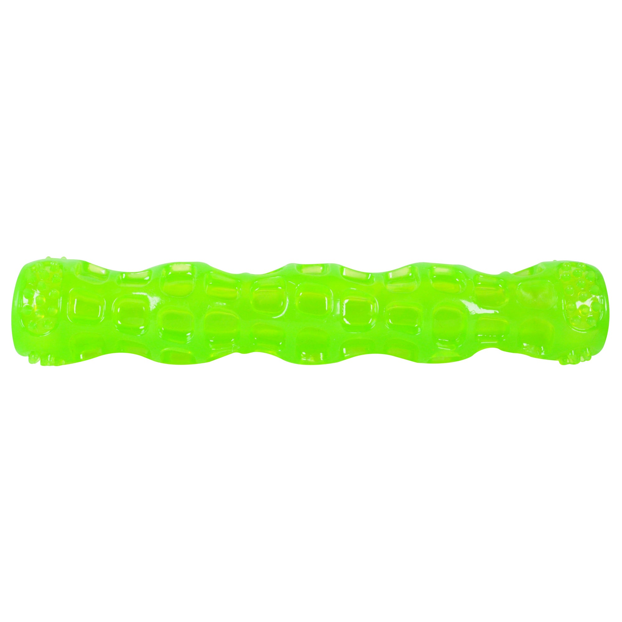 The Hyper Pet Dura-Squeaks Stick Dog Toy from Hyperpet is a bright lime green, textured toy shaped like a long bone with a squeaker. It features durable raised patterns for grip and stimulation.