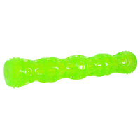 The Hyperpet Dura-Squeaks Stick Dog Toy is a neon green, cylindrical toy with multiple nodules and round protrusions. Its durable design is slightly translucent and includes a squeaker for added fun.