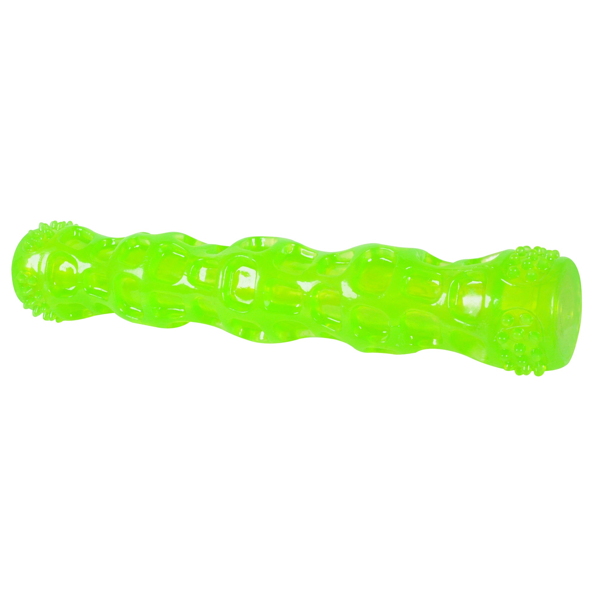 The Hyperpet Dura-Squeaks Stick Dog Toy is a bright green rubber toy with a long, textured surface featuring raised bumps and unique patterns. Its designed for chewing and playing, with a durable build and squeaker to keep your pet entertained for hours.