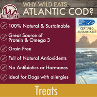 Graphic for Wild Eats Cod Treats emphasizing 100% natural, sustainable North Atlantic Cod, rich in protein and Omega-3, grain-free, packed with antioxidants, and free from antibiotics or hormones—perfect for dogs with allergies.