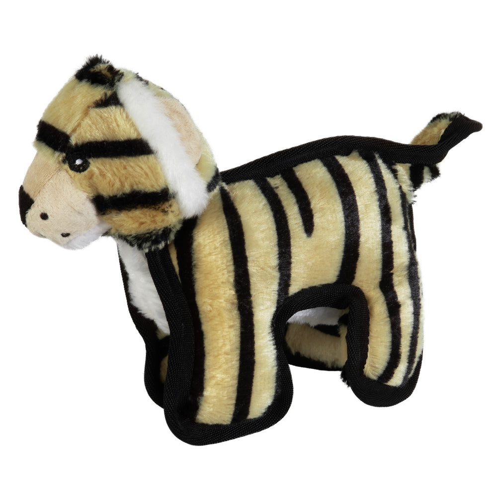 Introducing the Hyper Pet Tough Plush Tiger With Squeakers by Hyperpet, a durable dog toy with beige and black tiger stripes, black outline, white snout, and tiny black eyes—perfect for playful adventures.