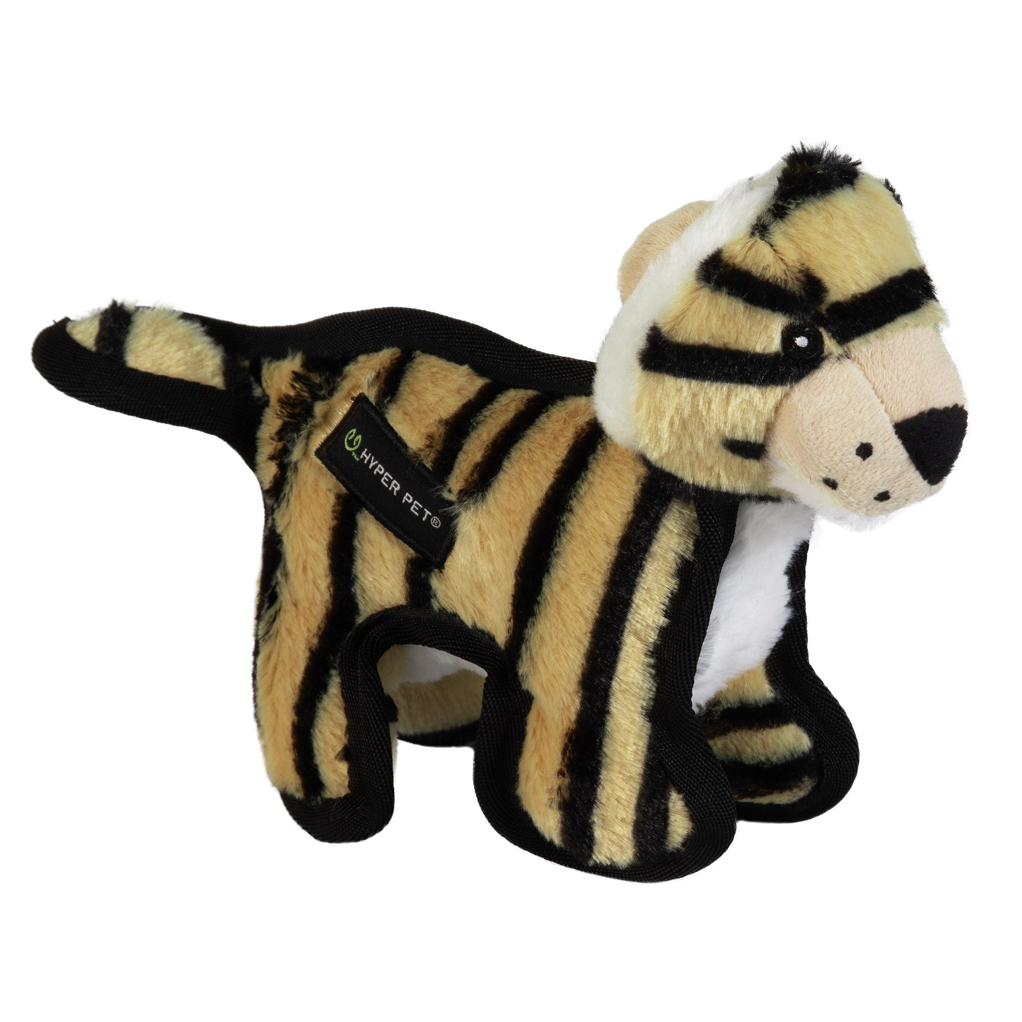 Introducing the Hyper Pet Tough Plush Tiger With Squeakers by Hyperpet—a durable dog toy with black stripes on a tan background, accented by a white face, ears, and stomach. Featuring a side label, its ideal for playful pups ready for adventure.