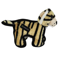 The Hyperpet Tough Plush Tiger With Squeakers dog toy, displaying the Hyper Pet logo, features black stripes and a light tan hue with a black border and embroidered eyes, combining durability with charm for playful pups.