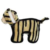 Introducing the Hyperpet Hyper Pet Tough Plush Tiger With Squeakers: a durable dog toy featuring a tan body, bold black stripes, small ears, expressive eyes, and a short tail—ideal for playful pups.