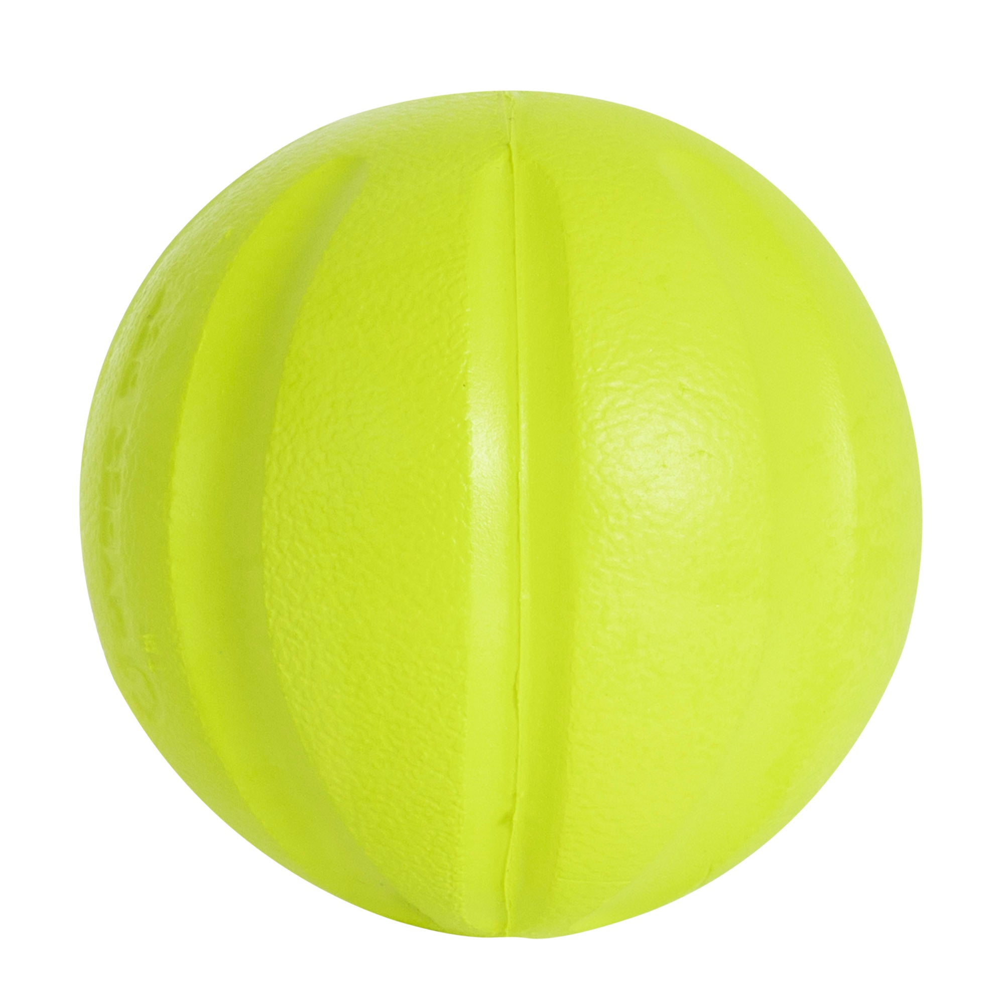 The Hyperpet Chewz Bumpy Ball is a bright yellow EVA foam rubber dog toy with two vertical grooves and a symmetrical pattern. It features a matte finish, slightly rough texture, and is ultra-durable—perfect for powerful chewers.