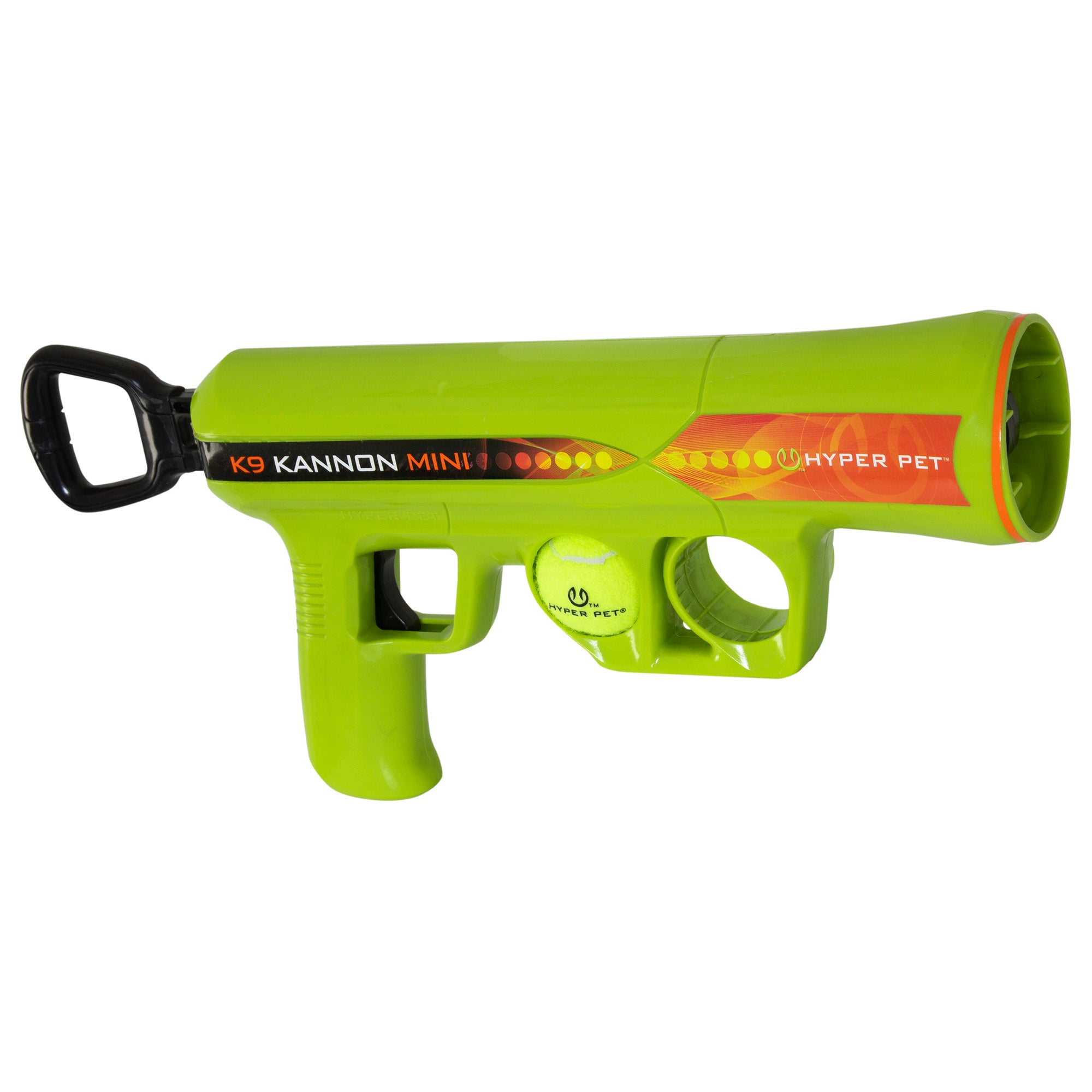 The Hyperpet K9K2 Kannon Mini Tennis Ball Launcher is ideal for small dogs with its comfy handle, large barrel for launching, and a slot for its signature green tennis ball, enabling hands-free pickup.