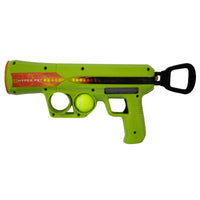 The Hyper Pet K9K2 Kannon Mini Tennis Ball Launcher by Hyperpet features a green handheld design with a trigger handle. Its orange barrel holds a yellow tennis ball for small dogs and offers hands-free ball pickup, proudly displaying the brand on the side.