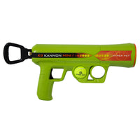 The Hyperpet K9K2 Kannon Mini Tennis Ball Launcher, in green and orange, is ideal for small dogs. It features a trigger handle, tennis ball slot, and hands-free pickup for continuous fun.