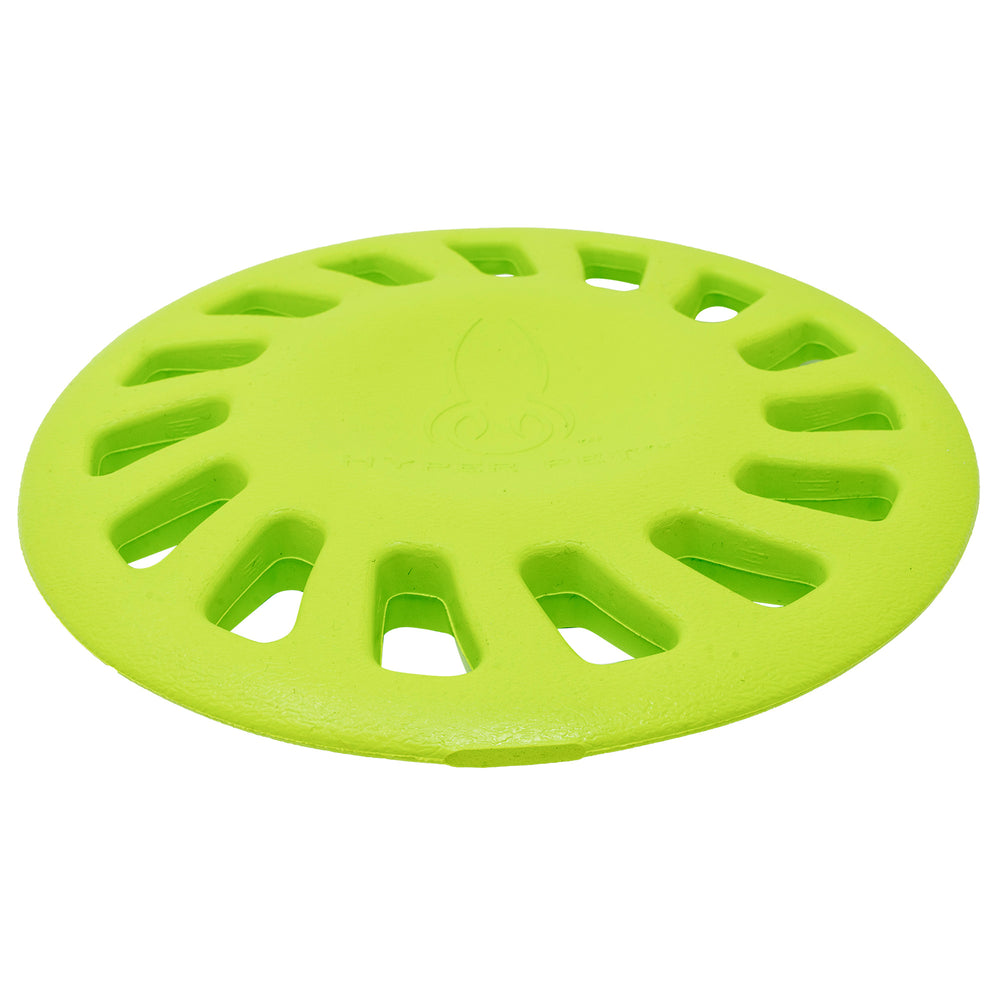 The Hyper Pet Chewz Hubcap EVA Foam Dog Toy by Hyperpet is a bright green, round frisbee made from non-toxic materials. It features a textured surface with multiple oval cutouts and an indented logo at the center, designed to be a safe chew toy for dogs.