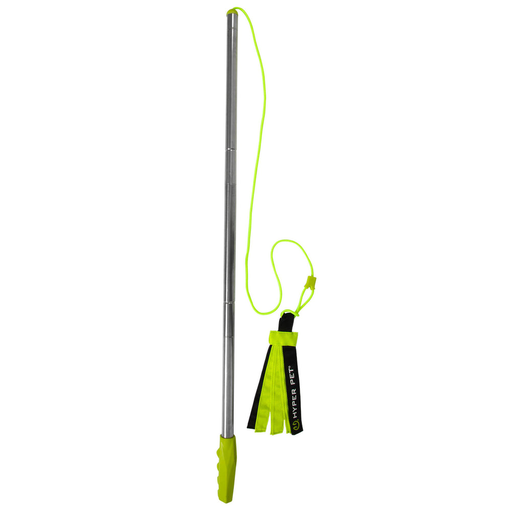 The Hyperpet Flirt Pole features a telescopic silver pole with a green handle and string attached to a black and green Hyperpet flag, providing an interactive play experience for energetic dogs.