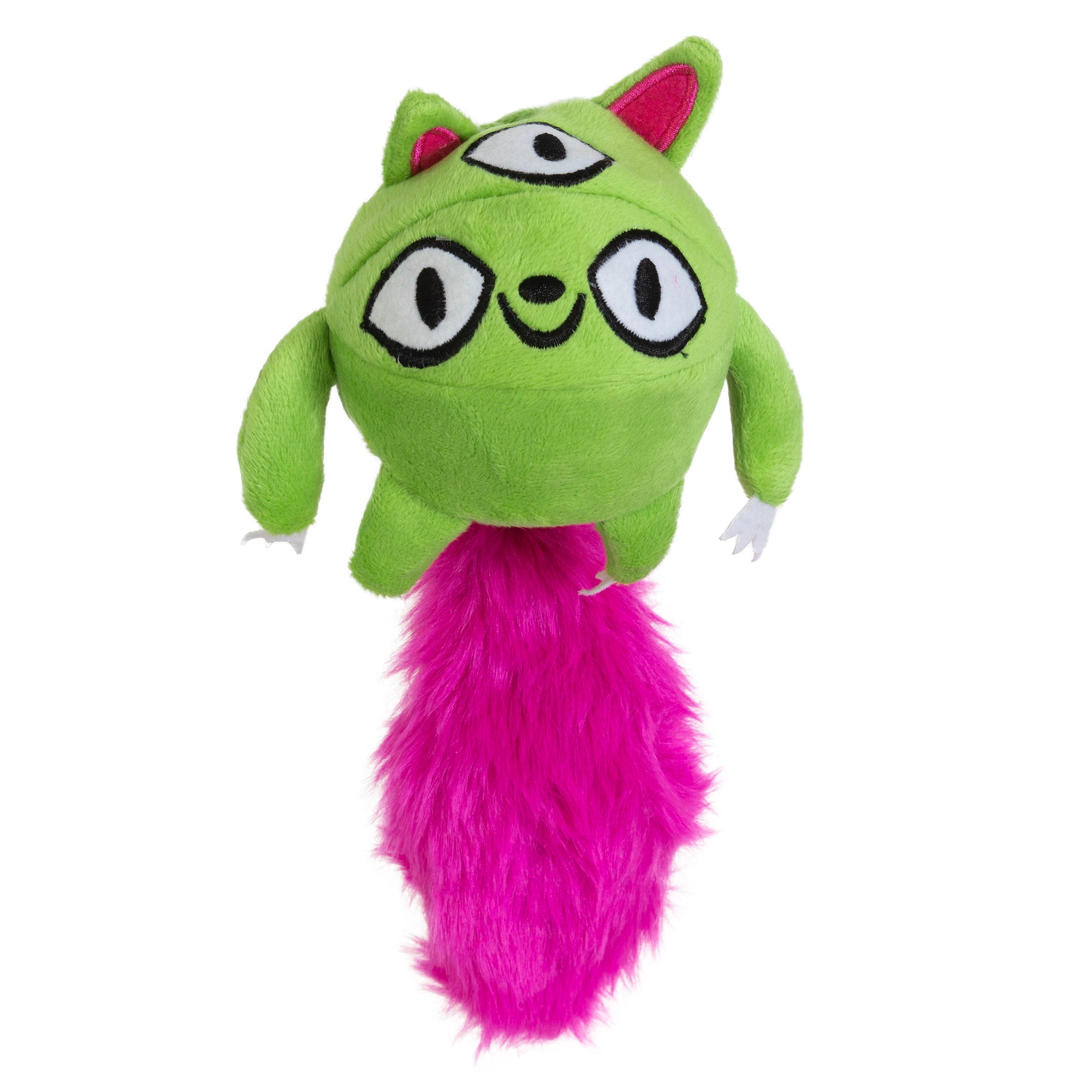 The Hyperpet Doggie Pal Interactive Dog Toy is a green spherical plush with three eyes and cat-like traits like pointy ears. It has motion-activated sensors, responds with small arms, and features a vibrant pink fluffy tail for added interactive fun.