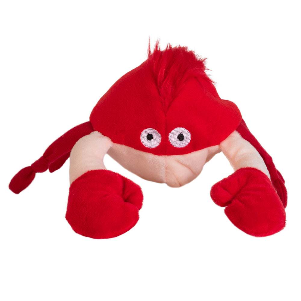 The Hyperpet Doggie Pal Interactive Dog Toy is a red plush crab with wide eyes and oversized pincers. Its soft texture and exaggerated features, like a round body and tuft of hair, make it an adorable playtime companion.