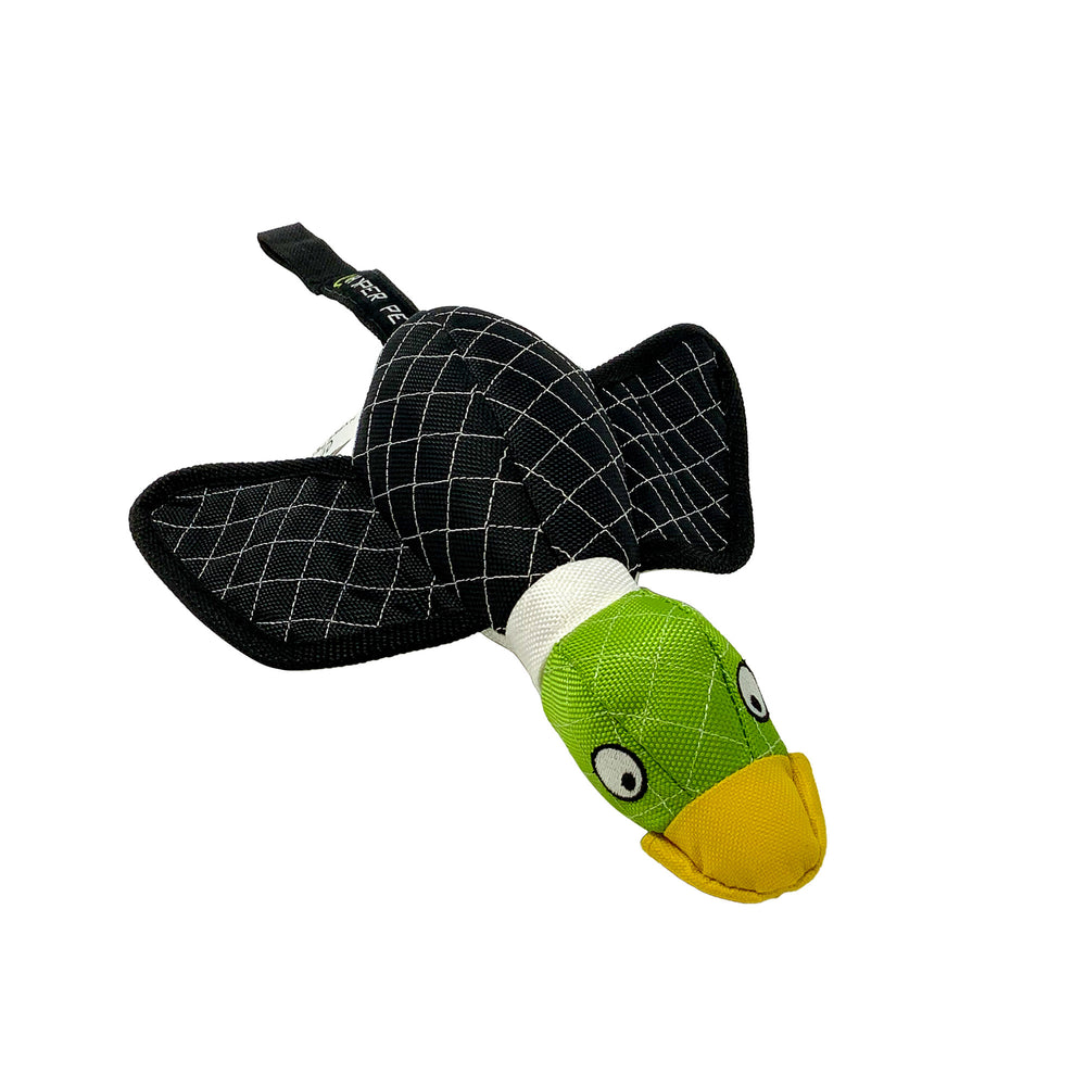 Introducing the Hyperpet Flying Duck Launching Dog Toy: designed like a duck with a green head, yellow beak, black wings featuring a white grid pattern, and a sleek white body with bold black accents—ideal for playful pups.