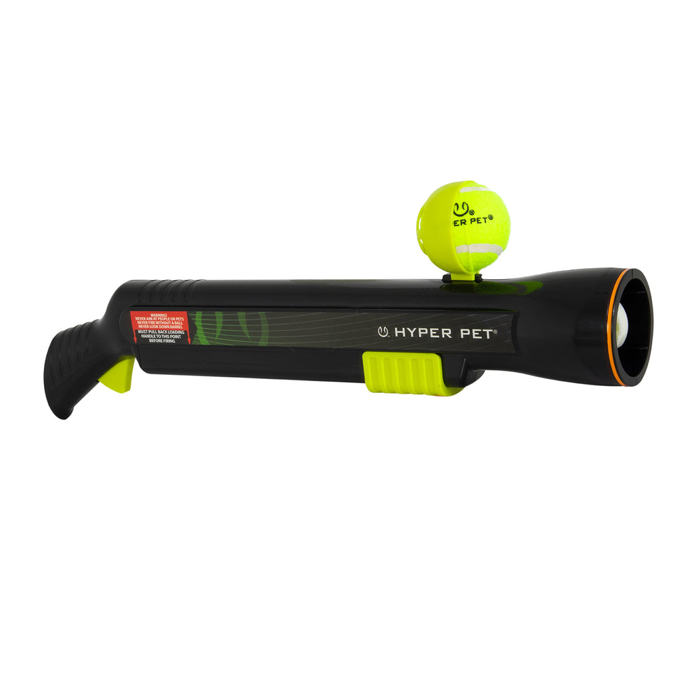 The Hyperpet K9 Kannon Pro Ball Launcher is a sleek black and green device designed for interactive play. It features an ergonomic design with a handle and trigger, holding a bright green Hyper Pet ball on top for endless fun.