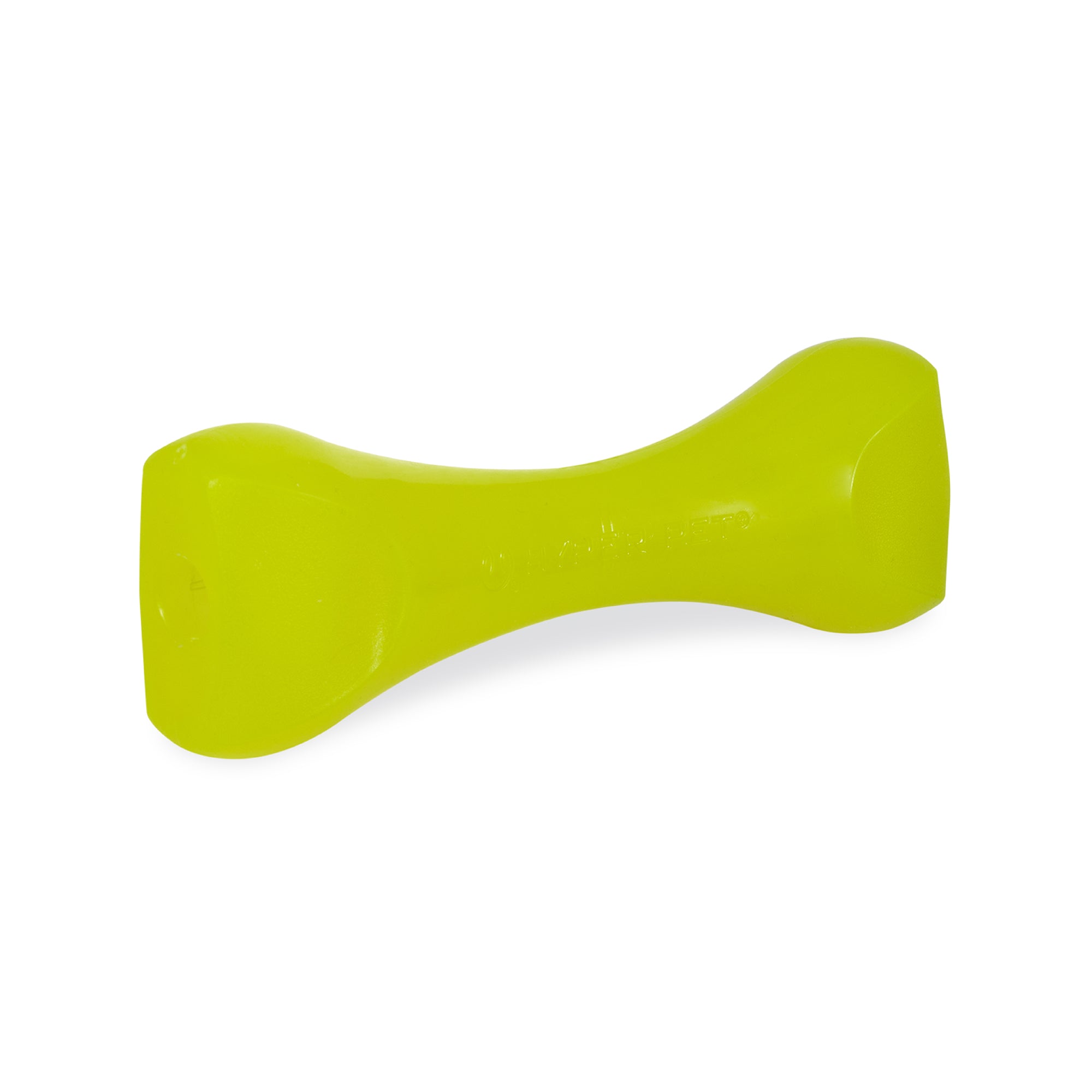 Introducing the Hyperpets Hyper Bonz Crunch With Beef Scent: a bright yellow, bone-shaped dog toy with a shiny surface and an irresistible beef aroma, perfect for chewing and play. It features an ideal crunchy texture to keep your furry friend entertained for hours.