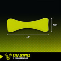 A neon green, bone-shaped Hyper Pet Hyper Bonz Crunch With Beef Scent by Hyperpet pops against a dark background. Measuring 7.2 inches wide and 2.36 inches tall, it boasts a beef aroma for dog engagement, complemented by its crunchy texture and playful cow icon at the bottom.