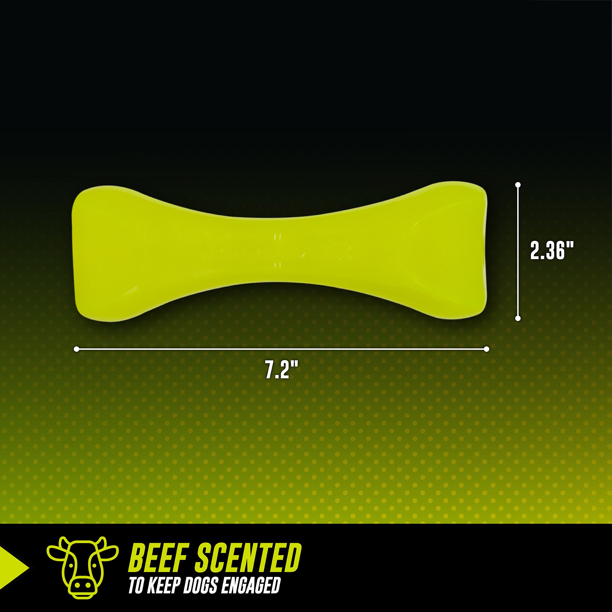 A neon green, bone-shaped Hyper Pet Hyper Bonz Crunch With Beef Scent by Hyperpet pops against a dark background. Measuring 7.2 inches wide and 2.36 inches tall, it boasts a beef aroma for dog engagement, complemented by its crunchy texture and playful cow icon at the bottom.