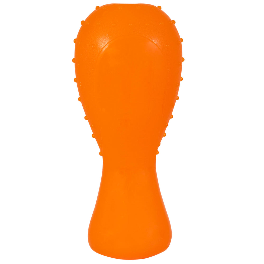 Introducing the Hyper Pet Hyper Bonz Crunch Drumstick by Hyperpet, a durable orange chew toy with a textured, bulbous top and narrow base. Infused with turkey scent, its surface has small raised bumps to satisfy your dogs chewing instincts.