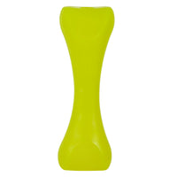 The Hyper Pet Hyper Bonz Crunch is a bright green, hourglass-shaped object with smooth curves, narrower in the middle and wider at the ends, likely crafted from solid material like plastic or rubber. It boasts a subtle beef aroma.