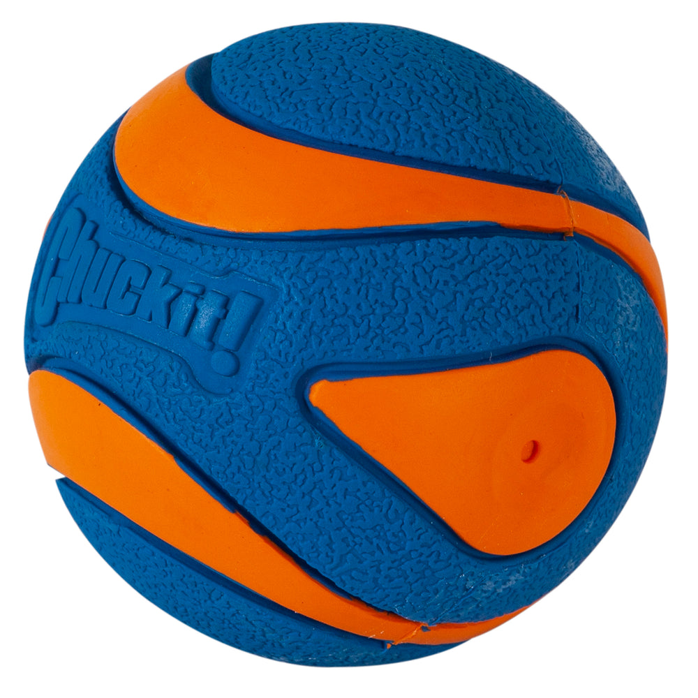 The Chuckit! Ultra Squeaker Ball by Chuckit boasts a durable blue and orange textured rubber design with an embossed logo, swirl pattern, and is buoyant for lively fetch games with your pet.