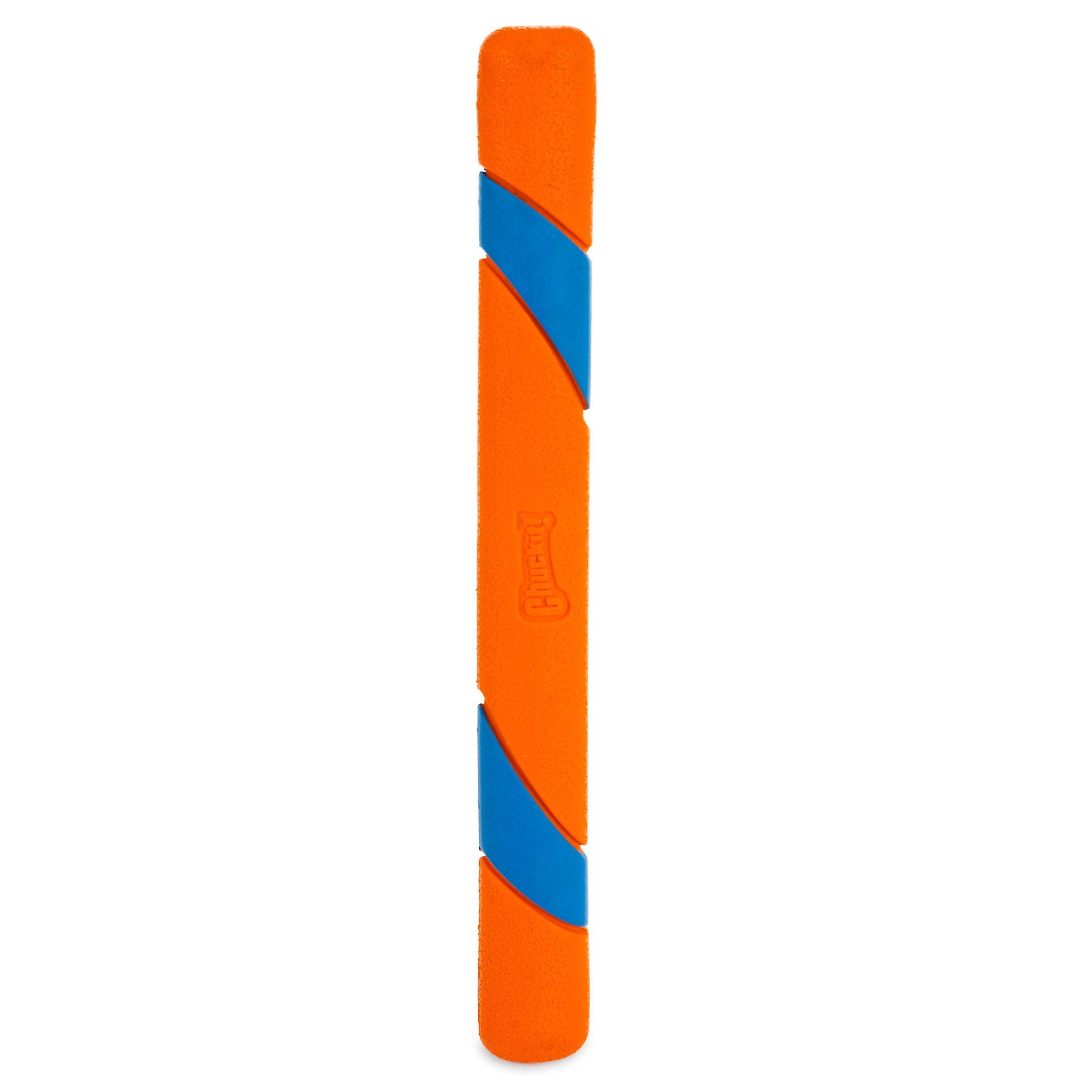 The Chuckit! RingChaser and Fetch Toy Set by Petmate includes a vibrant orange foam stick with blue stripes, featuring a textured grip for secure handling and embossed with Chuckit to add flair to your collection.