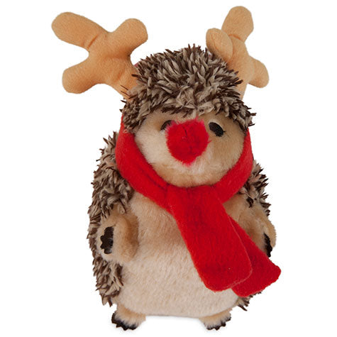 The Zoobilee Reindeer Heggie Dog Toy provides quirky companionship with red antlers and a festive scarf. Its fuzzy brown/beige body, black eyes, and red nose make it a perfect addition to your plush dog toys collection.