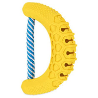 The JW Banana Chew-ee Dental Dog Toy by Jw is a yellow rubber chew toy with a textured, curved surface. It features a blue and white braided rope, raised dots, and honeycomb patterns on the ends for easy gripping.