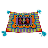 The FAT CAT Boogie Catnip Cat Mat by Fatcat is a colorful square featuring abstract butterflies, the phrases I like my rockies and I like to boogie, with multicolored stripes and turquoise tassels on the refillable catnip mats border.