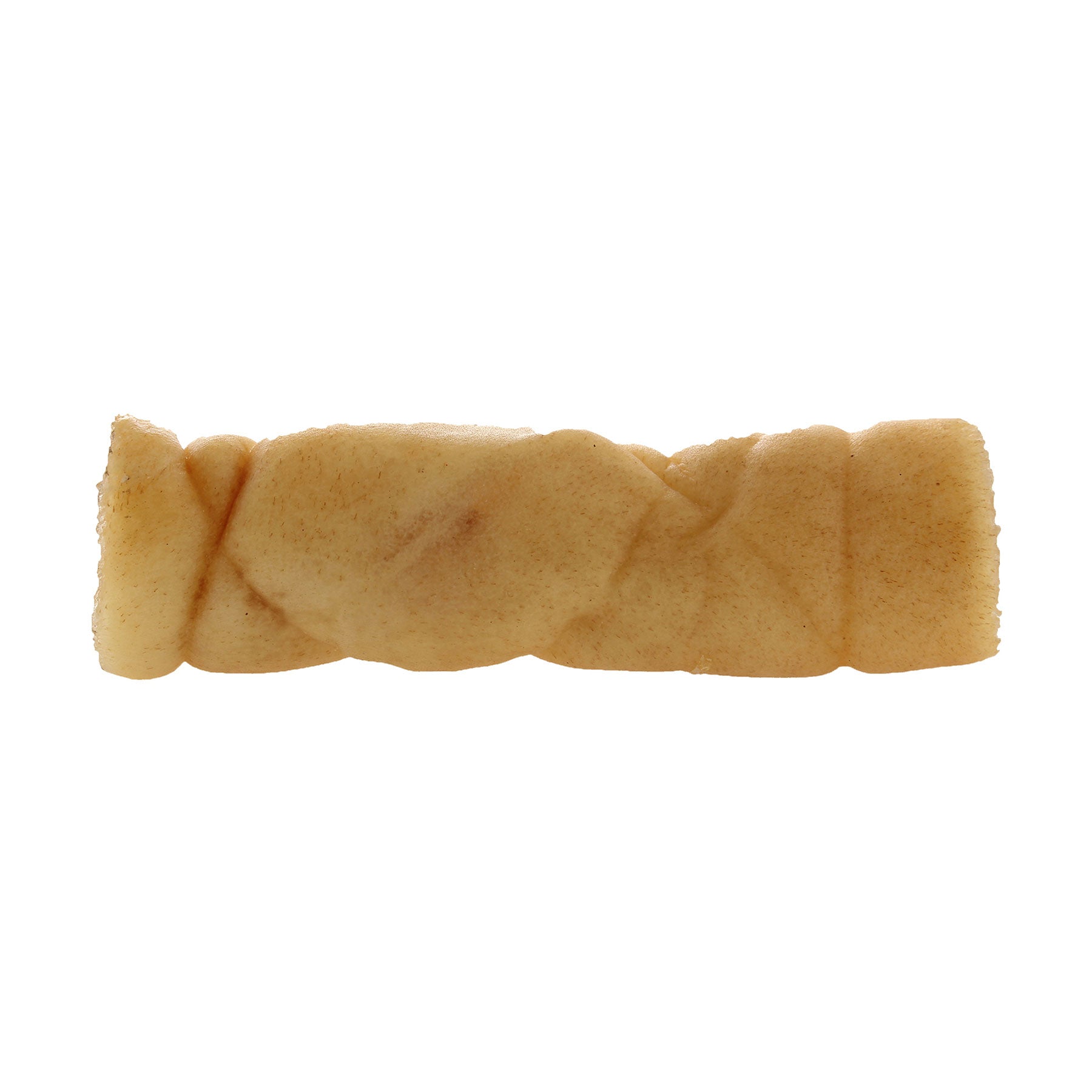 The Wild Eats Water Buffalo Cheek Roll is a sustainable rawhide dog chew with a knotted, twisted shape, smooth texture, and pale beige hue, shown isolated on a pristine white background.