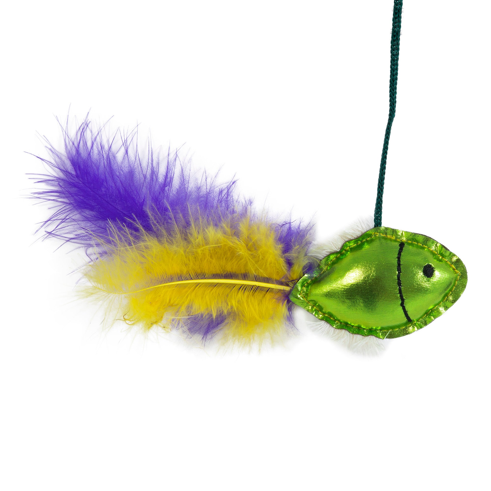 The JW Wanderfuls Cat Toy Wand by Jw, in assorted colors, features a shiny green fish shape with a purple and yellow feather tail on a green string against a white background, providing interactive exercise and mental stimulation for your cat.