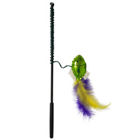 The JW Wanderfuls Cat Toy Wand by Jw includes a green wand with a long black handle, wavy green wire, and a shiny green ovoid adorned with yellow and purple feathers for exercise and mental stimulation.