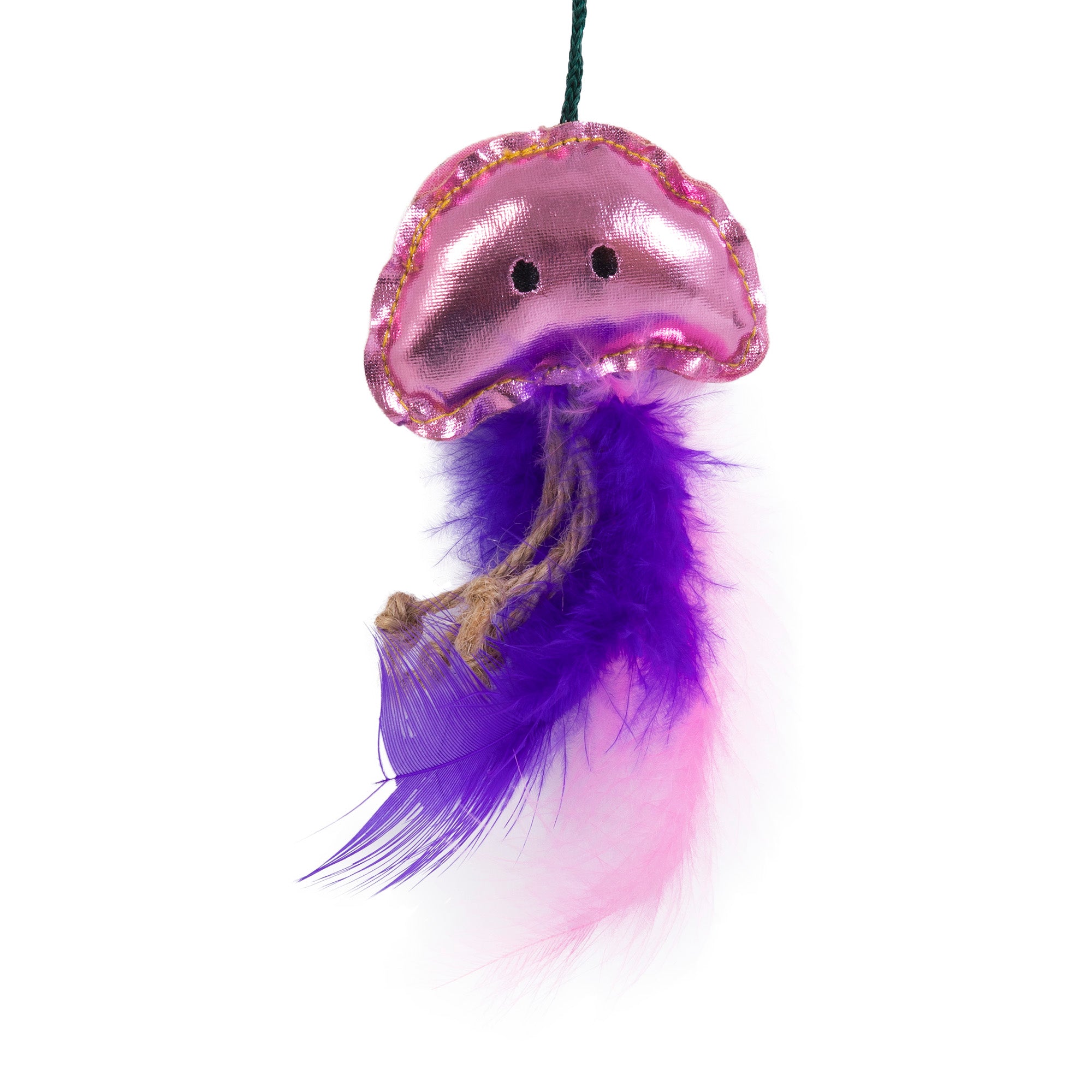 The JW Wanderfuls Cat Toy Wand by Jw is a jellyfish-shaped toy in pink and purple, featuring catnip, a shiny top with eye-like dots, and colorful feathers as tentacles. It hangs by a string for exercise and mental stimulation.