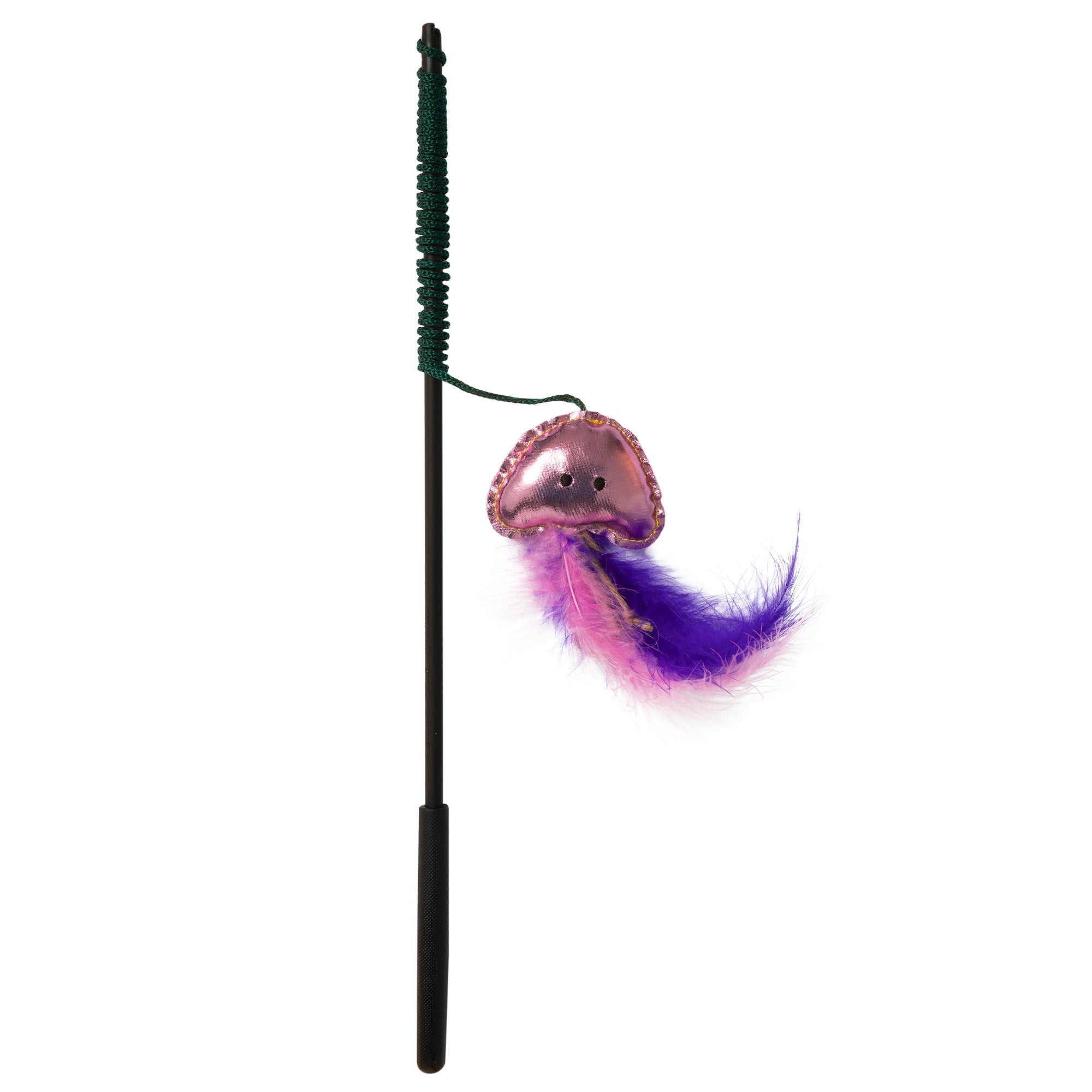 The JW Wanderfuls Cat Toy Wand by JW features a black rod with a green handle and a shiny pink jellyfish figure with a smiley face. It provides exercise and mental stimulation with dangling purple and pink feathers infused with catnip for extra fun. Available in assorted colors.