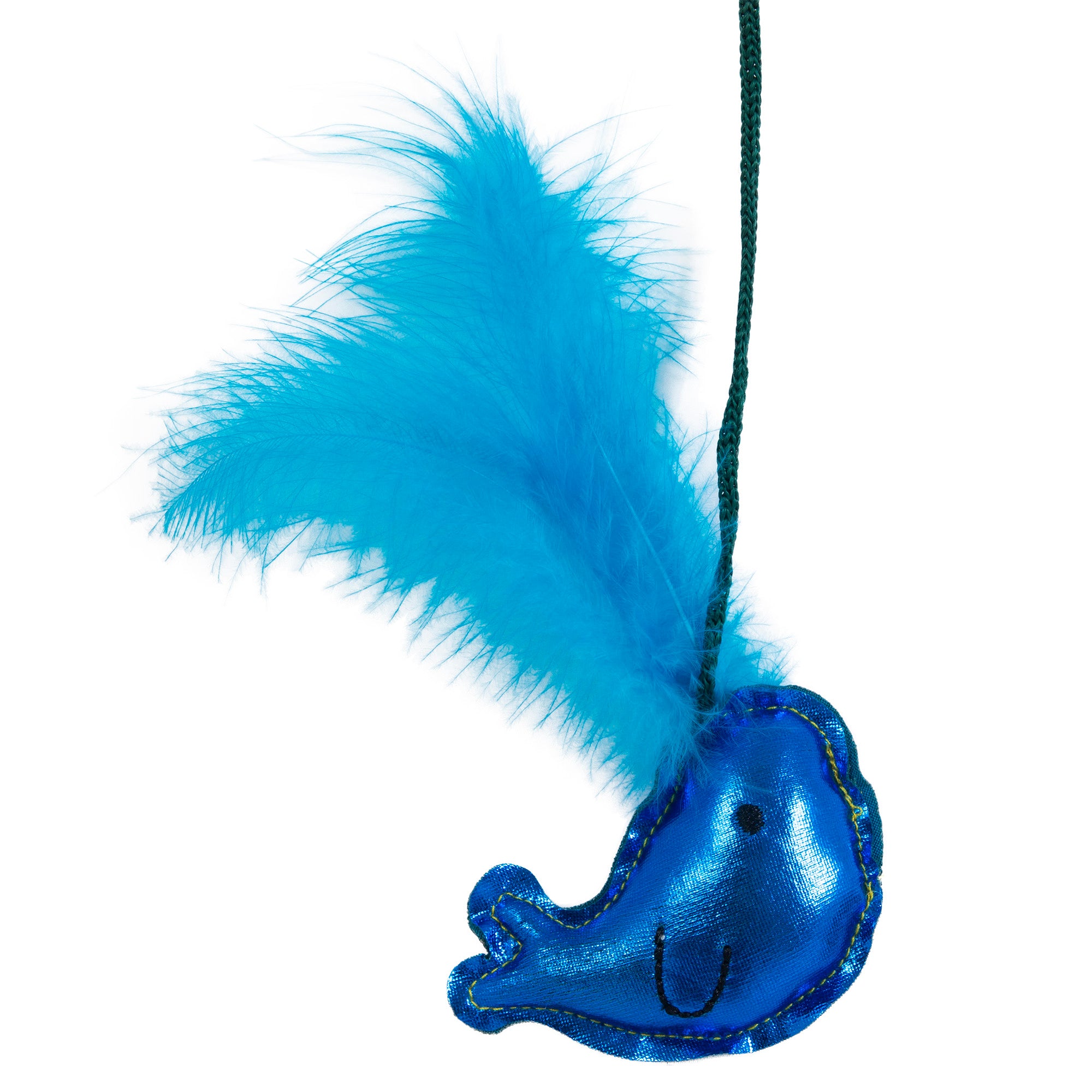 The JW Wanderfuls Cat Toy Wand by Jw features a shiny blue bird-shaped toy with a smiling face and bright blue feather wings, hanging from a green string. This interactive gadget provides exercise and mental stimulation for your cat.