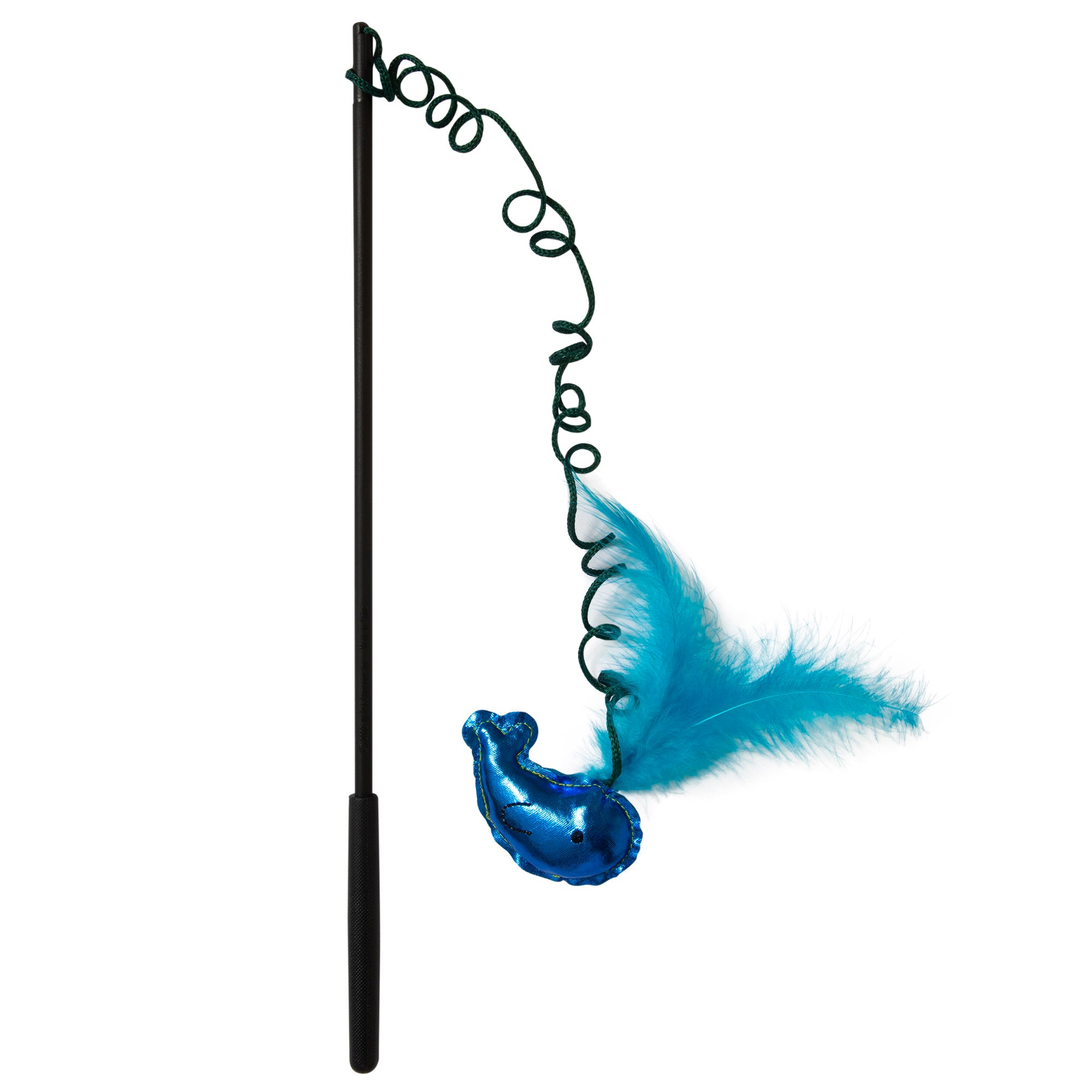 The JW Wanderfuls Cat Toy Wand by Jw combines a black wand with a spiraled green wire, topped with a shiny blue fish and fluffy blue feather. Ideal for exercise and mental stimulation, it includes catnip to keep your cat entertained for hours.