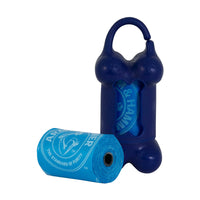 The Essential New Dog Bundle from Petmate includes a bone-shaped blue dispenser with paw prints and a handle, plus a roll of blue waste bags with a logo, making walks with your Petmate Dog Lead more convenient.