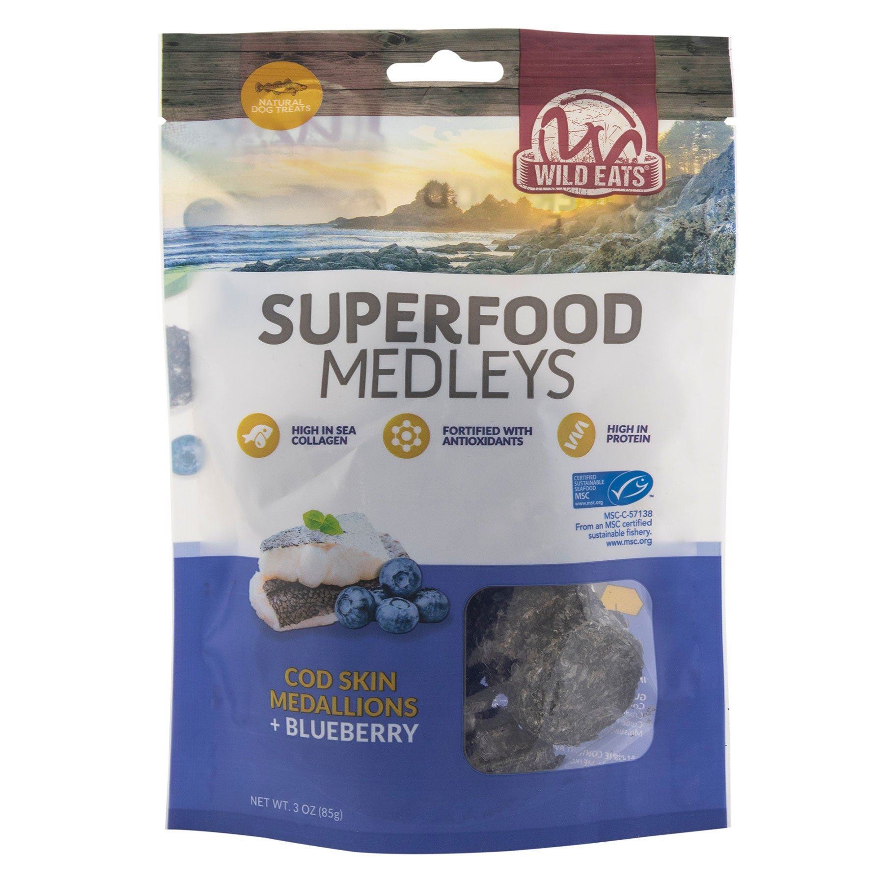 Wild Eats Superfood Medleys, by Wild Eats, offer Norwegian cod snacks with cod skin medallions and blueberries. Packed with sea collagen, antioxidants, and protein, the predominantly blue packaging features an ocean-themed design enhancing the superfood contents.