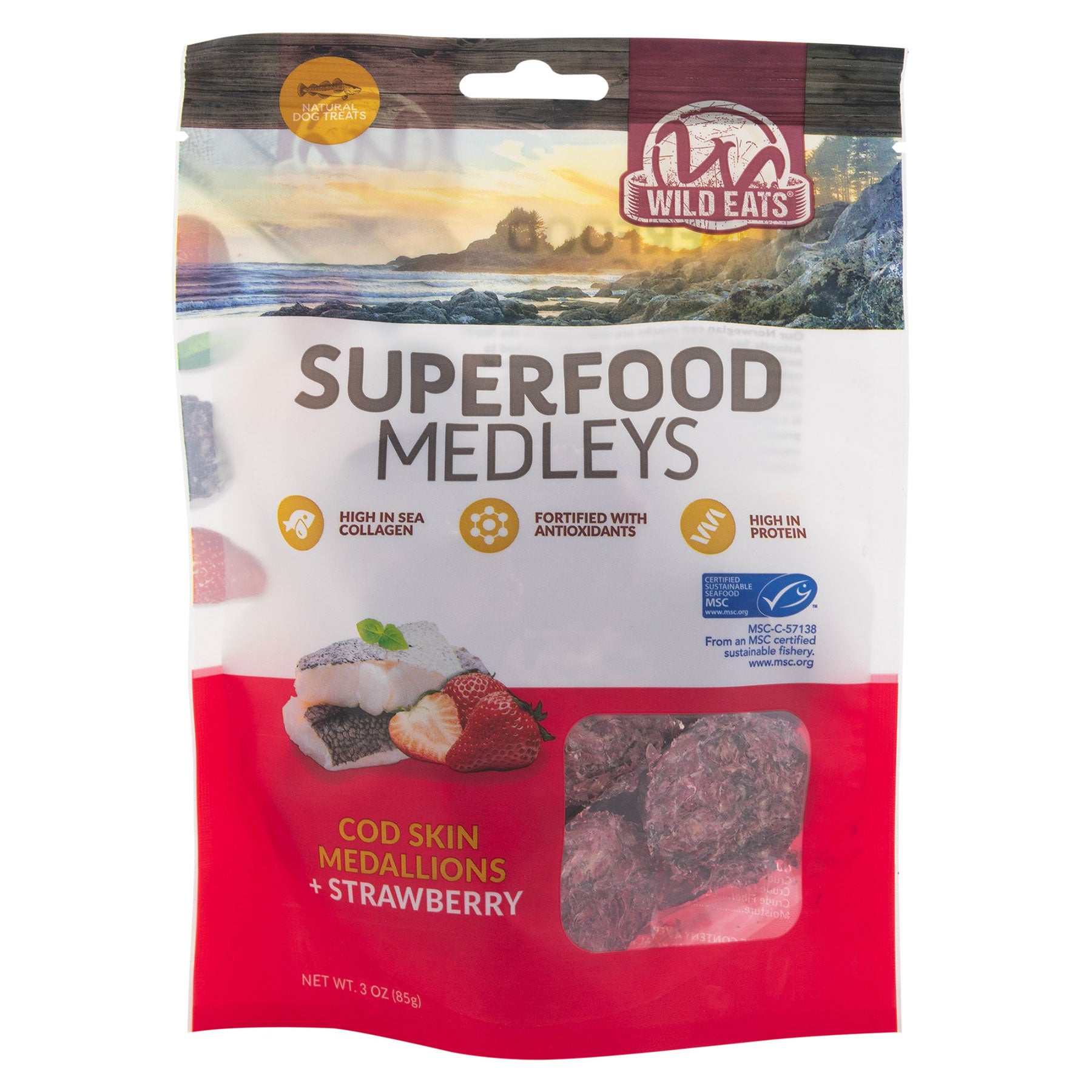 A 3 oz (85g) resealable bag of Wild Eats Superfood Medleys: Cod Skin Medallions + Strawberry features Norwegian cod snacks rich in sea collagen, antioxidants, and protein.