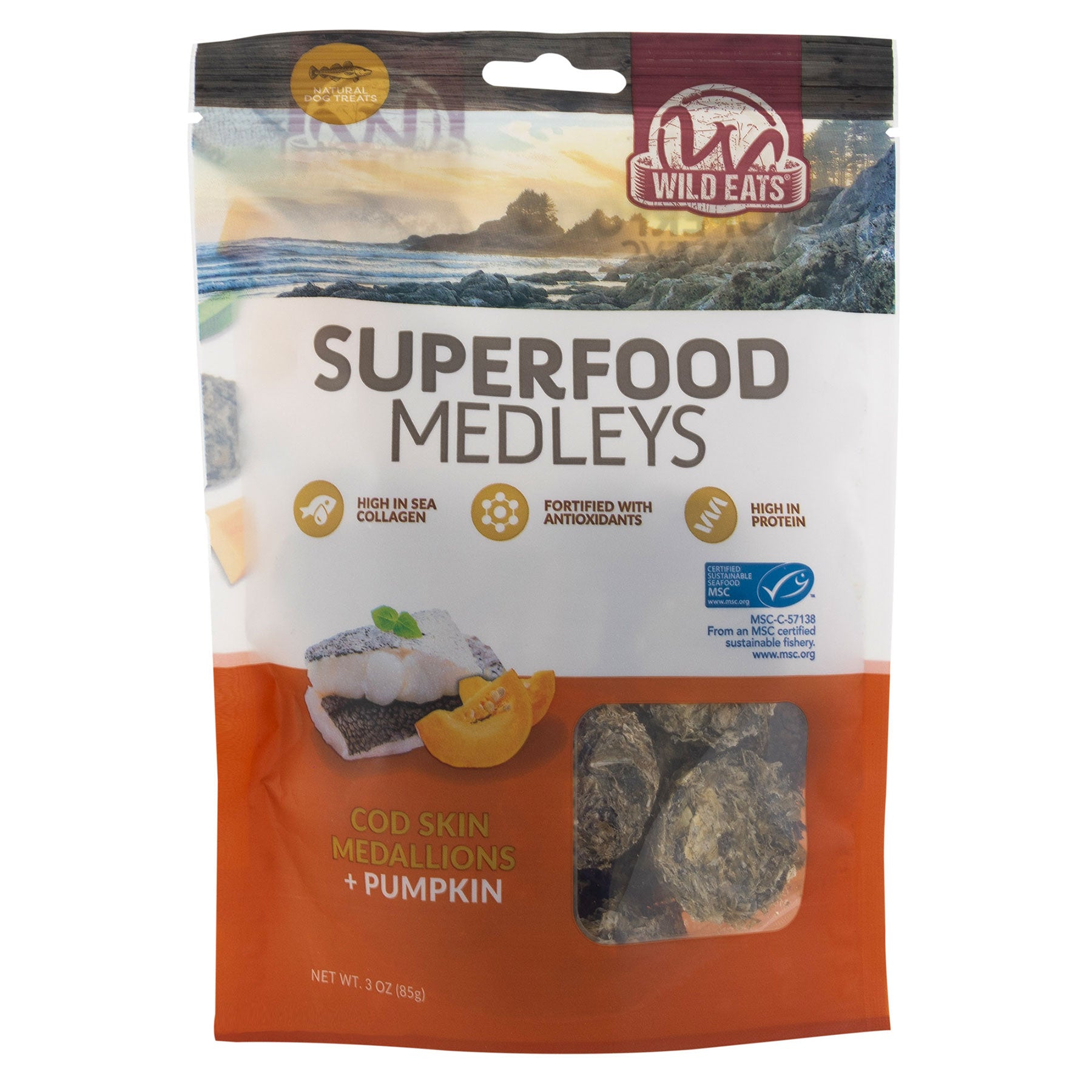 Wild Eats Superfood Medleys package highlights Norwegian cod snacks with pumpkin, rich in sea collagen, protein, and antioxidants. The coastal-themed bag contains 3 oz (85g) of nutritious goodness.