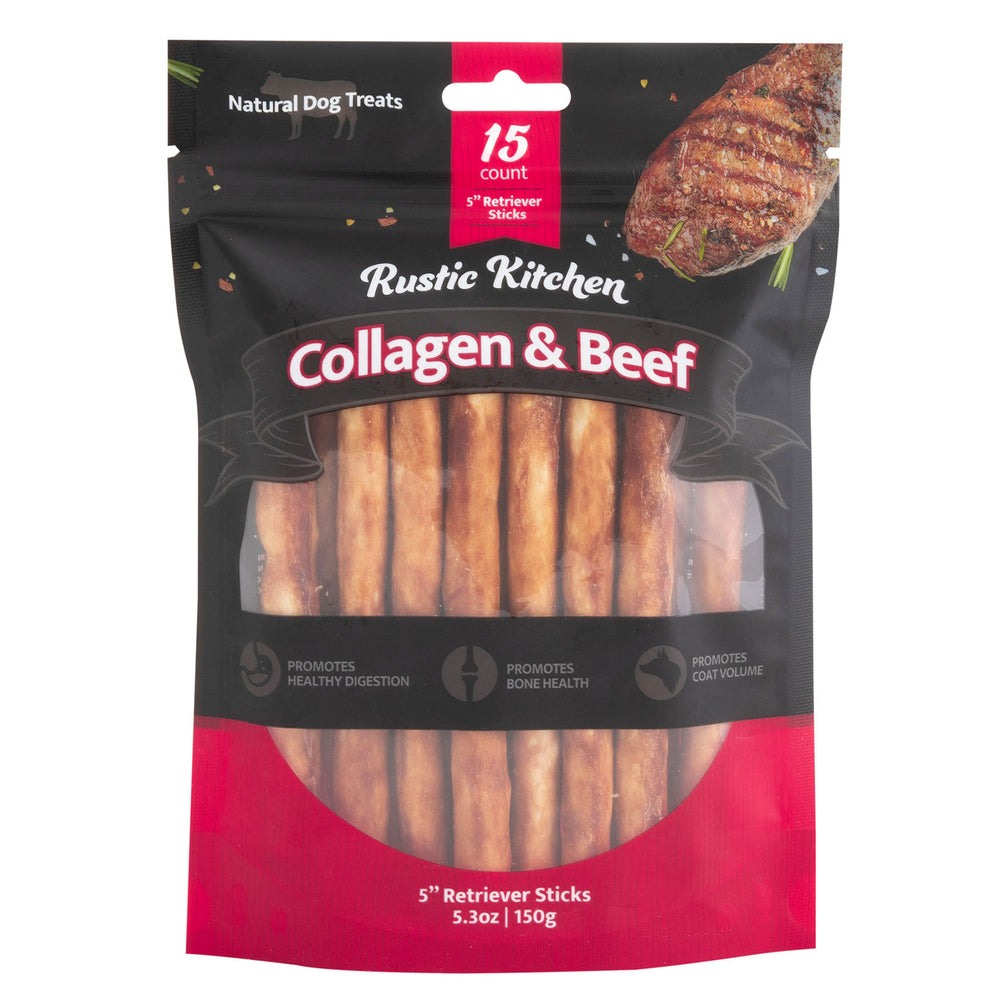 Rustic Kitchens Collagen Retriever Sticks come in black and red packaging with beef imagery. These natural ingredient sticks, totaling 15, are beef-flavored and enhance digestion, bone health, and coat volume for dogs.