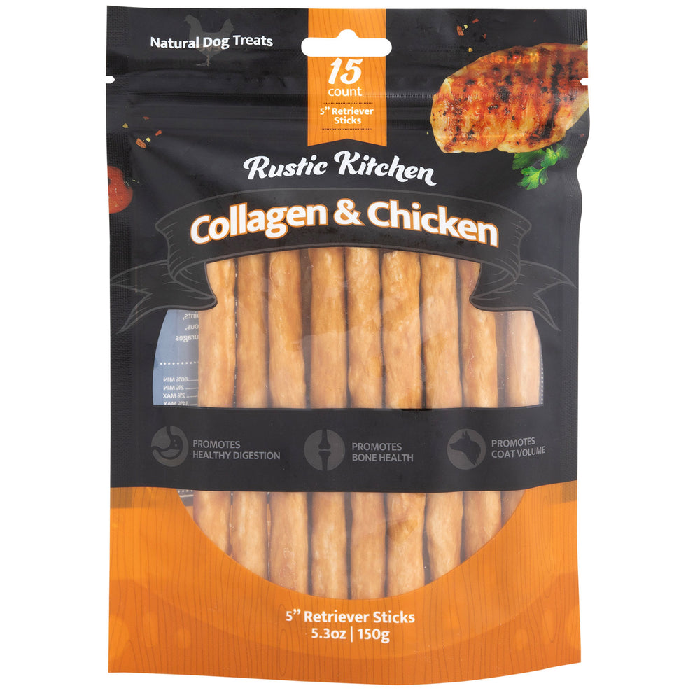 Rustic Kitchen Collagen Retriever Sticks Chicken Flavored Dog Treat. SKUS: 71230